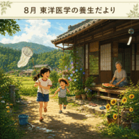 田舎の祖母の家で姉弟が虫取りを楽しむ夏休みの風景|8月 東洋医学の養生だより